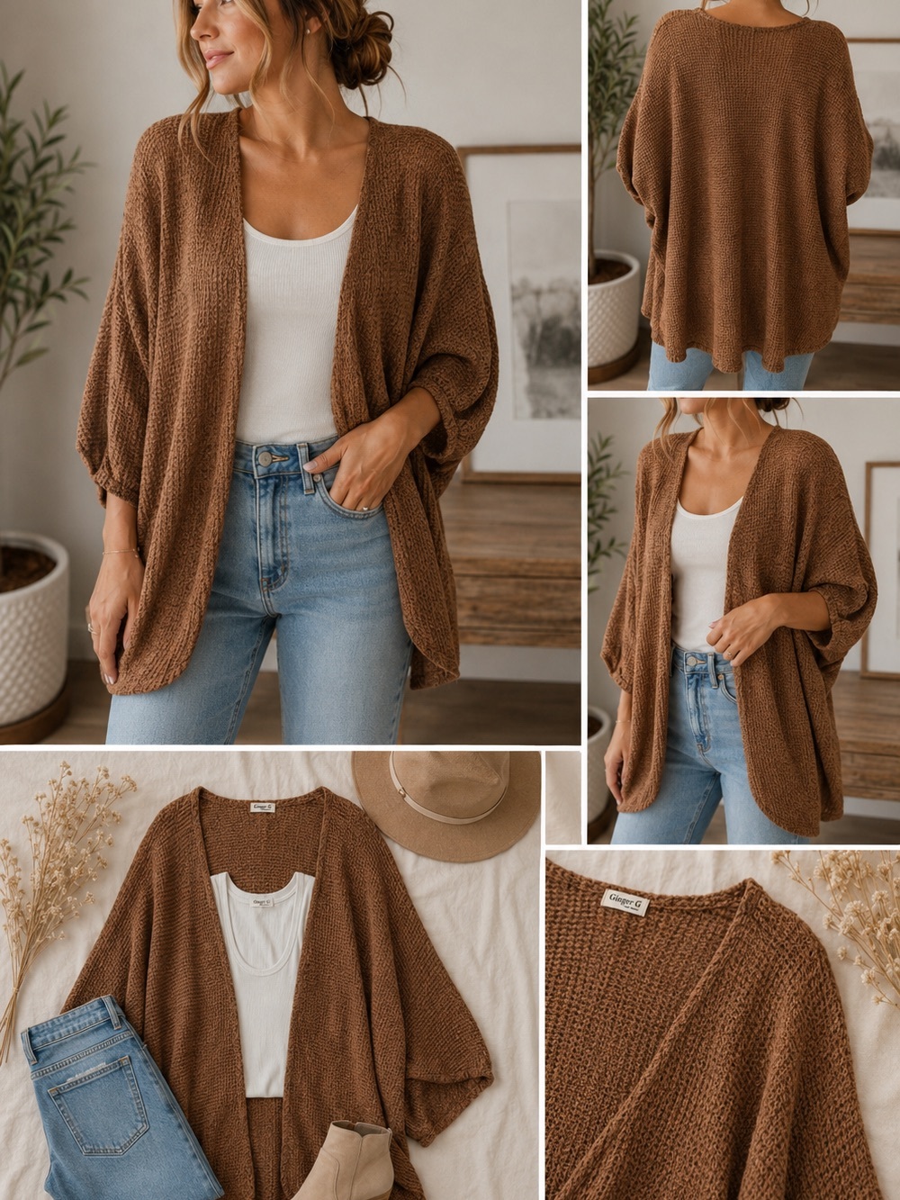 Ginger G Chocolate Brown Open-Front Knit Cardigan
